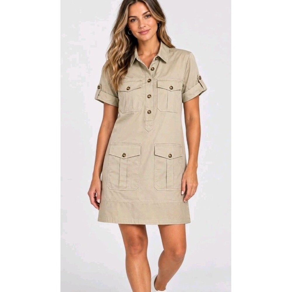 Veronica Beard Lucca Utility Shirtdress Womens M Pebble Khaki Safari Casual Chic